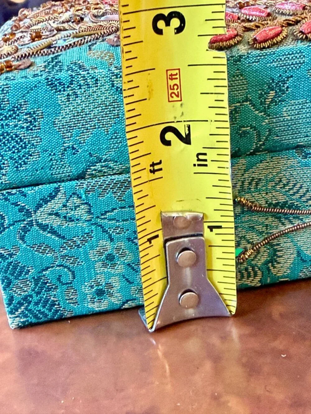 Turquoise Beaded Embroidered Jewelry Box Mirror Trinket Case 7.5 x 5 x 2.5